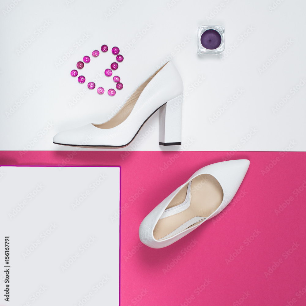 Stylish Trendy white heels . Summer fashion Outfit, Luxury Party shoes. Hipster Essentials. Minimal fashion concept