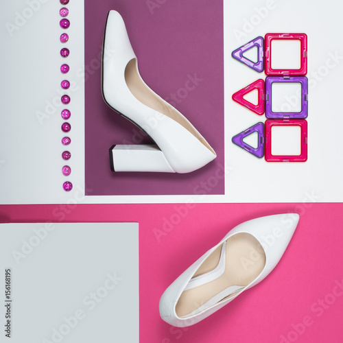 Stylish Trendy white heels . Summer fashion Outfit, Luxury Party shoes. Hipster Essentials. Minimal fashion concept photo