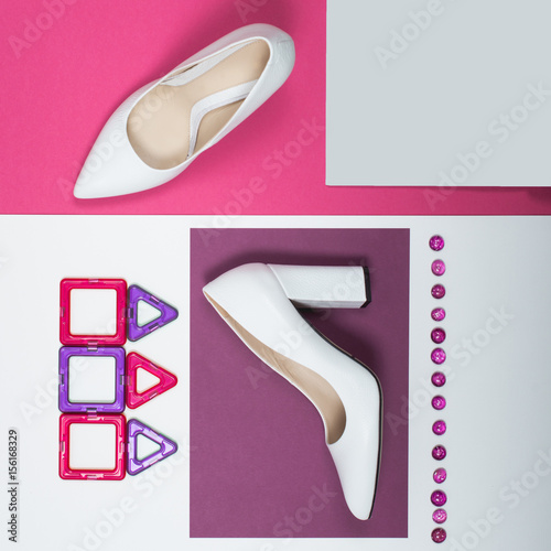 Stylish Trendy white heels . Summer fashion Outfit, Luxury Party shoes. Hipster Essentials. Minimal fashion concept photo