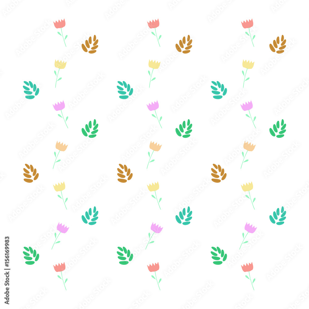 Simple seamless pattern with leaves and flowers over white