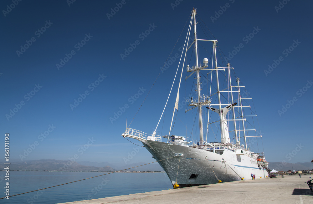Large luxury cruise ship docking in Nafplio port in Greece