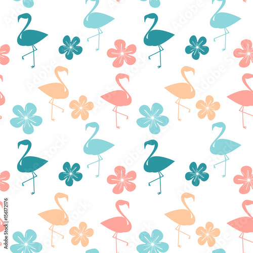 colorful seamless vector pattern background illustration with flamingos and hibiscus flowers