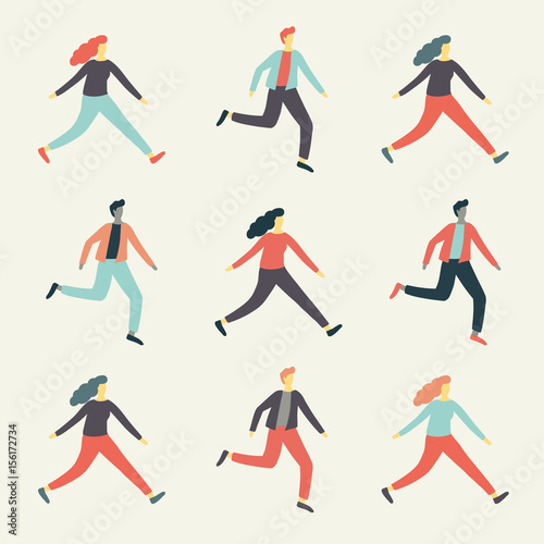 Set of colorful cartoon people silhouettes running