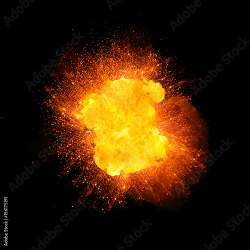 Realistic fire explosion, orange color with sparks isolated on black background