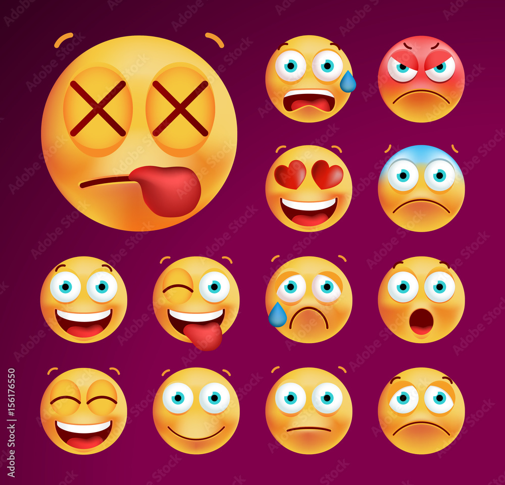 Set of Cute Emoticons on Black Background. Isolated Vector Illustration 
