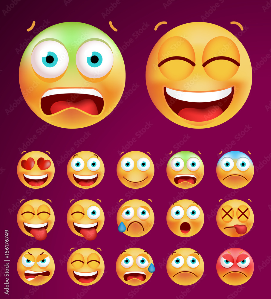 Set of Cute Emoticons on Black Background. Isolated Vector Illustration 