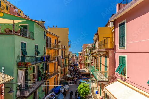 View of the colorful house of the famous town of Manarola in Liguria, inside the famous Cinque Terre National Park.