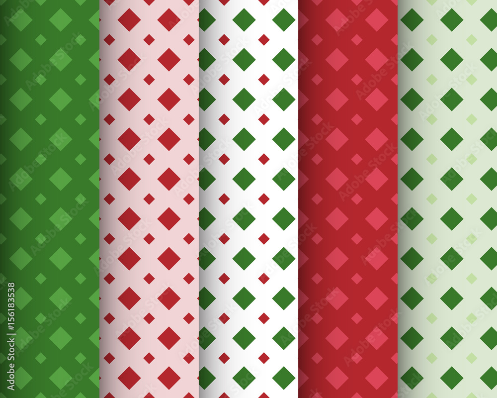 Set of Geometric Seamless Patterns. Christmas Backgrounds in Diamond Patterns. Red and Green. Set of Geometric Seamless Patterns. Christmas Backgrounds in Diamond Patterns. Red and Green.