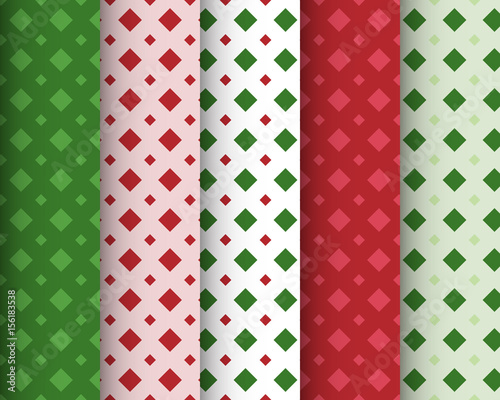 Set of Geometric Seamless Patterns. Christmas Backgrounds in Diamond Patterns. Red and Green.