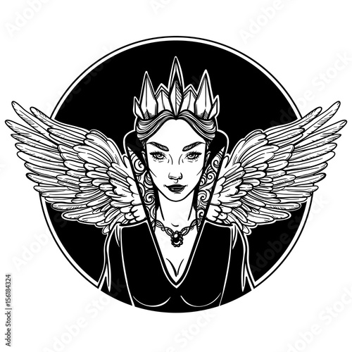 Vector illustration with Evil Queen and the wings of a crow. For coloring books or print clothes.