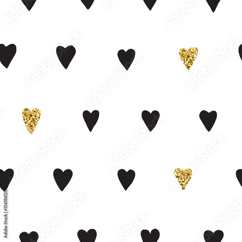 Ink and gold hand drawn doodle vector seamless heart pattern.