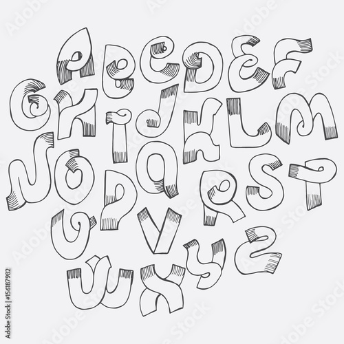 Hand drawn font with hatching. Creative abc letters sequence from A to Z written in simple sketch style with ink and nib. freehand letters design  good for writing qoutes  titles  creative lettering