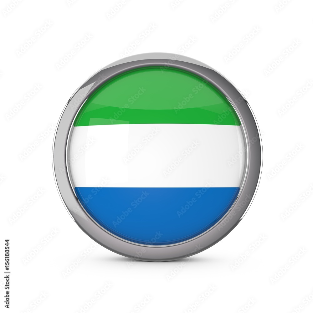 Fototapeta premium Sierra Leone national flag in a glossy circle shape with chrome frame. 3D Rendering