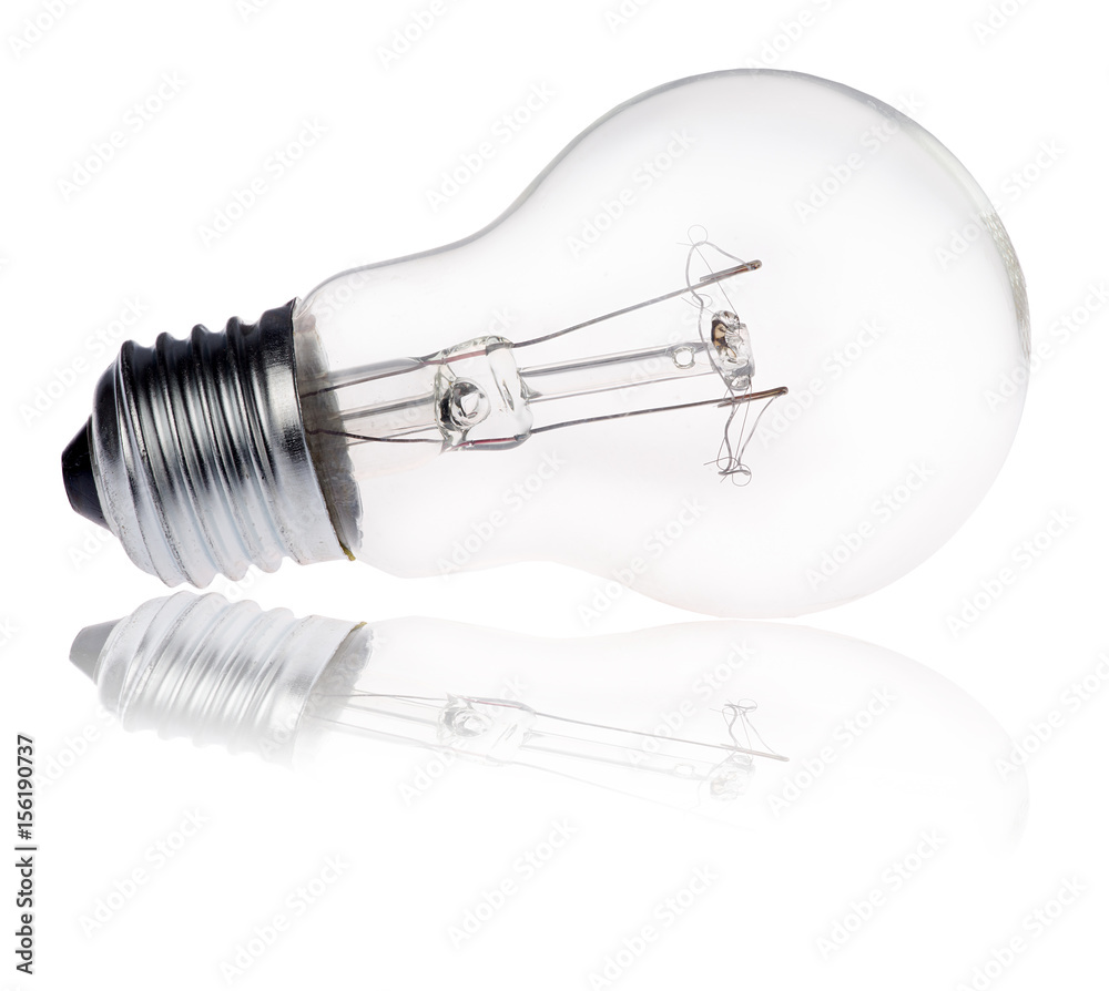 incandescent electric lamp with reflection on white