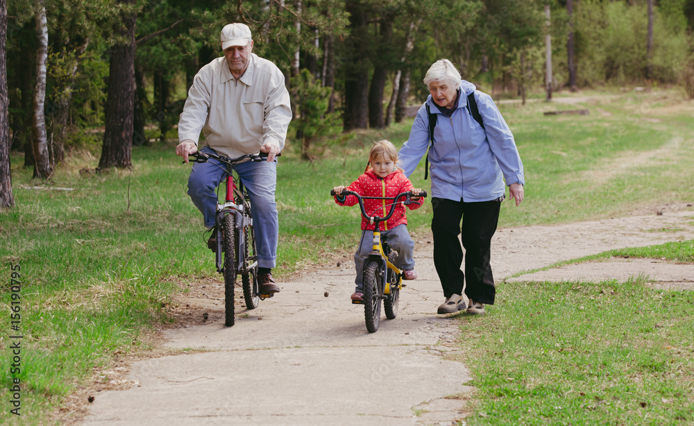 Fototapeta premium active seniors teaching granddaughter to ride bike