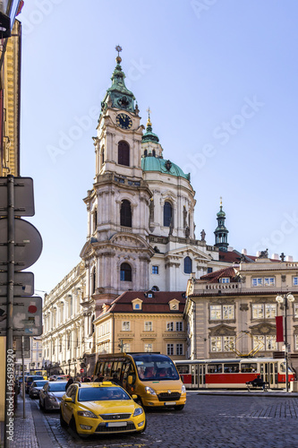 A street in the "Lesser town" district. Church of Saint Nicholas . Area of the Old City. Prague, Czech Republic.