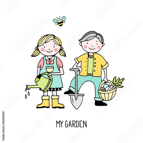 Girl and a boy gardening, hand drawn isolated vector illustration