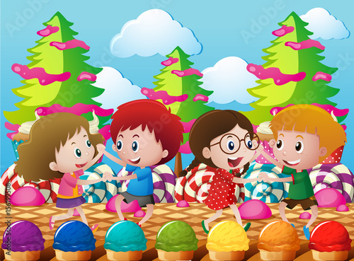 Kids dancing in the candyland