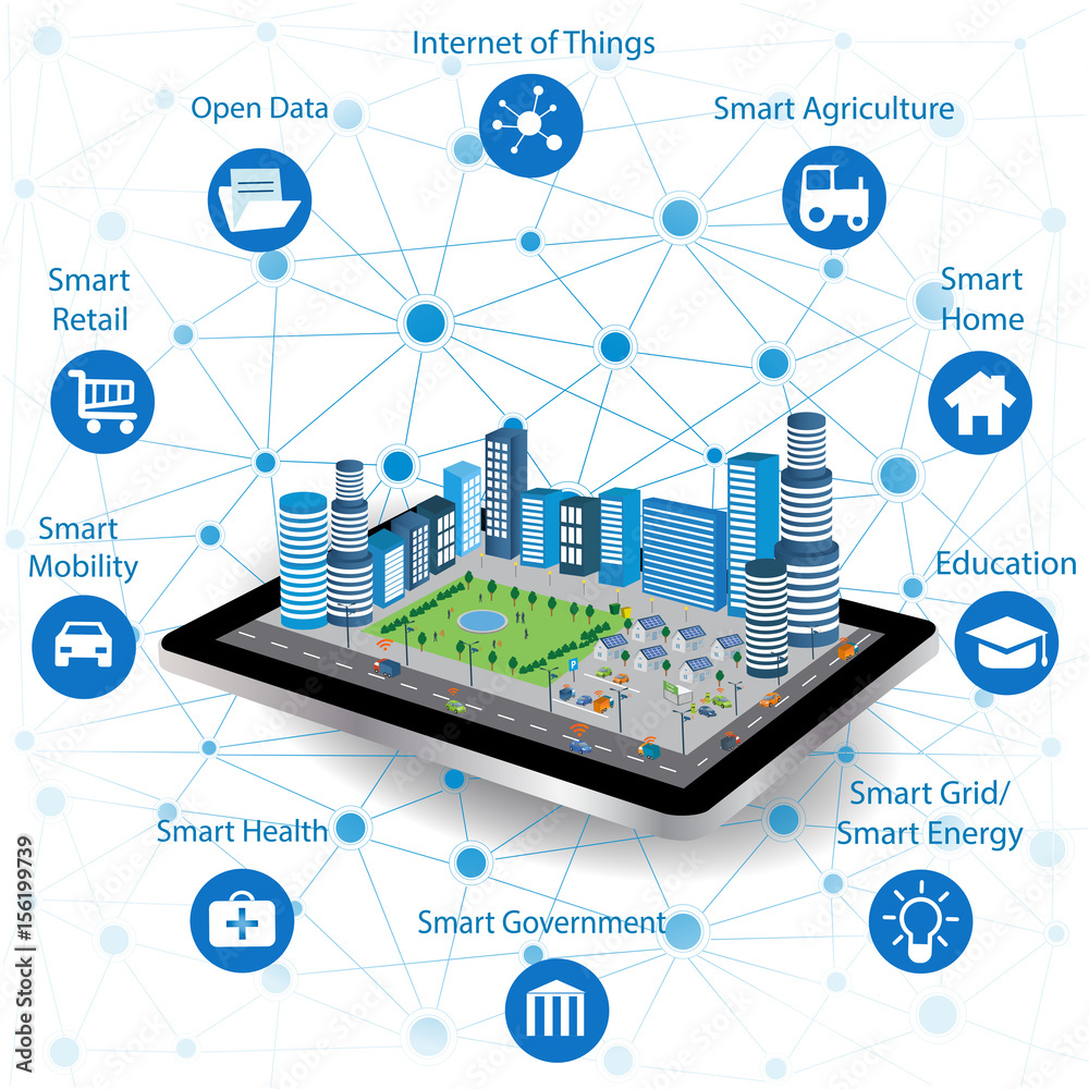 Smart city concept with different icon and elements. Modern city design with fut