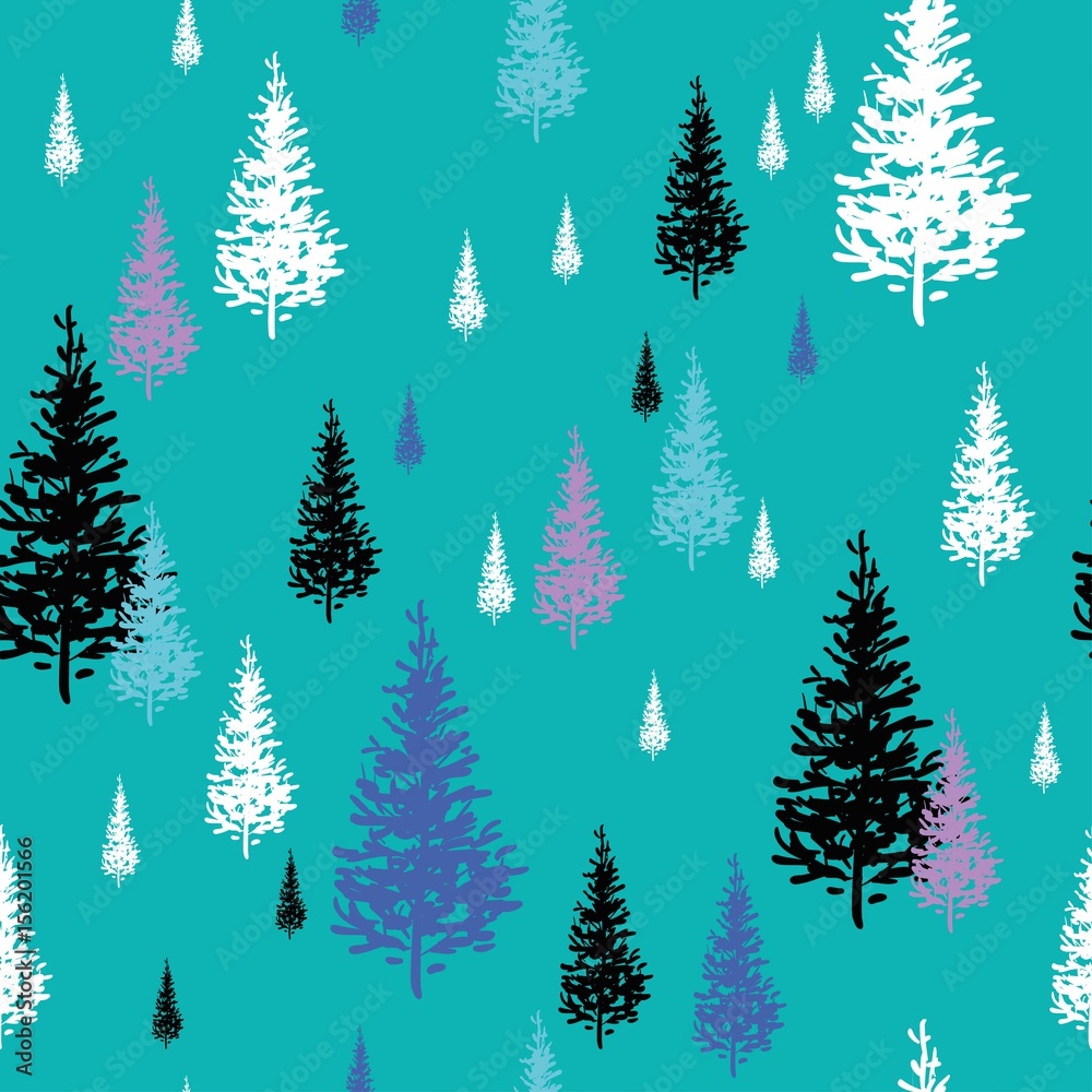 Fir-trees white, black, pink and blue isolated on light turquoise background, seamless vector pattern