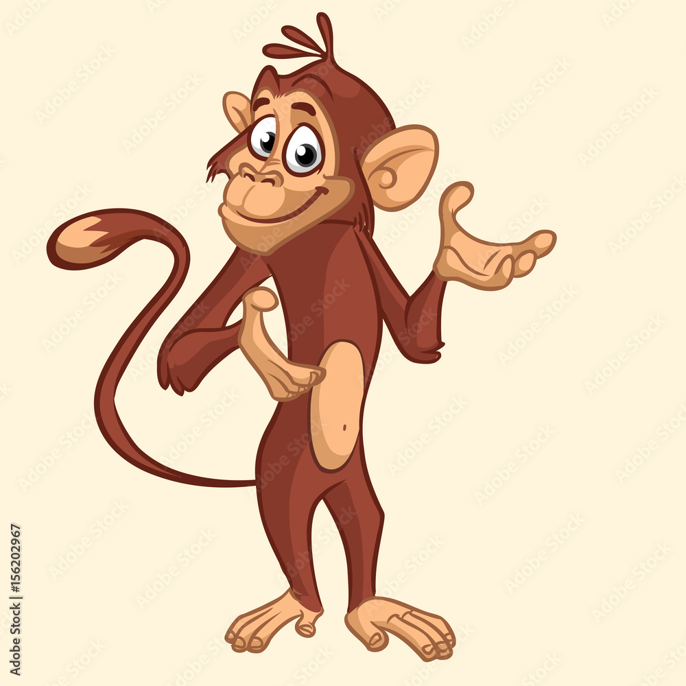 Obraz premium Cartoon monkey smiling. Vector illustration of chimpanzee mascot. For banner design or print