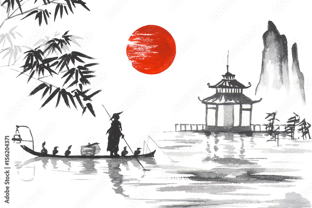 Japan Traditional japanese painting Sumi-e art Japan Traditional japanese  painting Sumi-e art Man with boat Stock Illustration | Adobe Stock