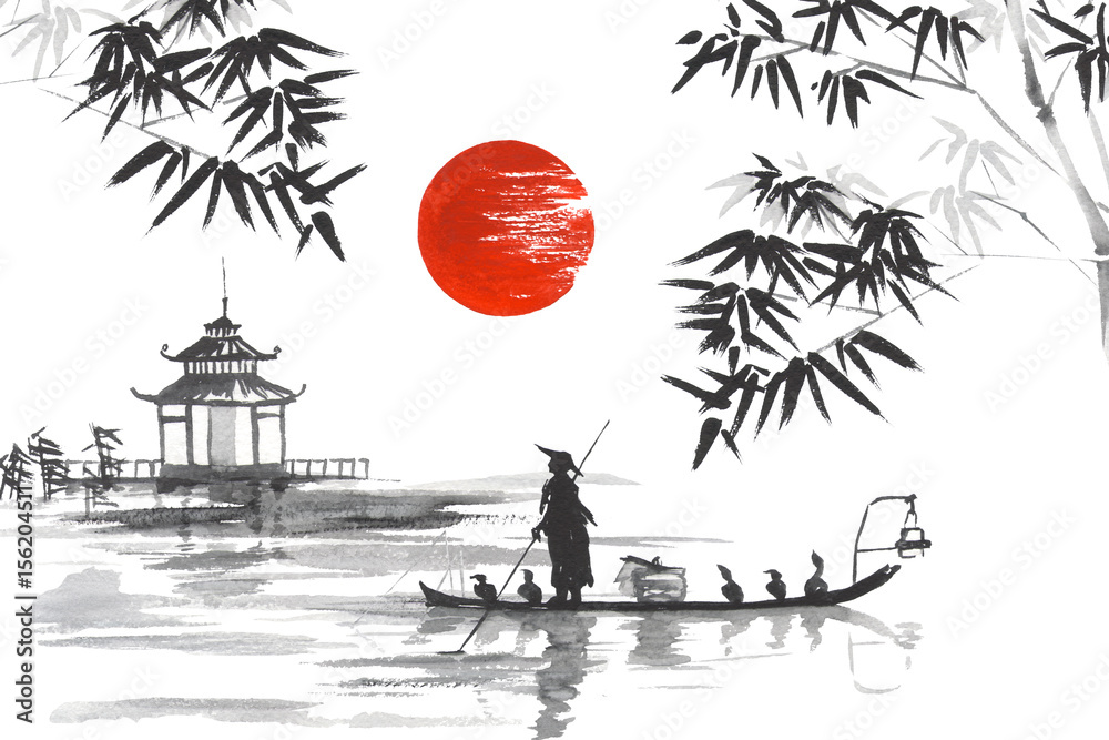 Japan Traditional japanese painting Sumi-e art Japan Traditional japanese  painting Sumi-e art Man with boat Stock Illustration