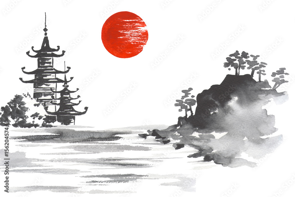 Japan Traditional japanese painting Sumi-e art Sun Lake Hill Mountain ...