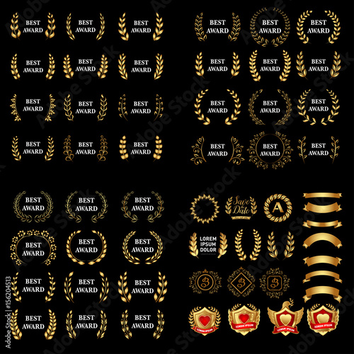 Best award Vector gold award laurel wreath set. Winner label, leaf symbol victory, triumph and success illustration set. Vector medieval golden shields laurel wreaths and badges collection 