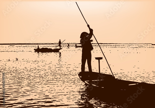 East Asia boat. Outline vector image