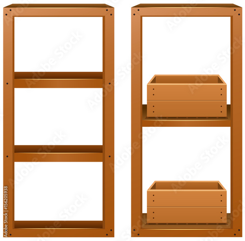 Wooden shelves with wooden boxes