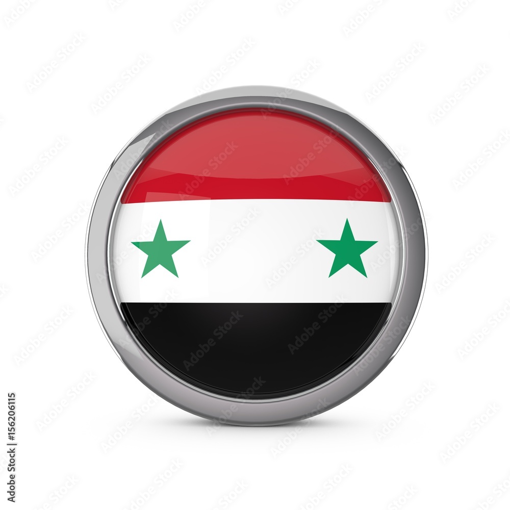 Syria national flag in a glossy circle shape with chrome frame. 3D Rendering Syria national flag in a glossy circle shape with chrome frame. 3D Rendering