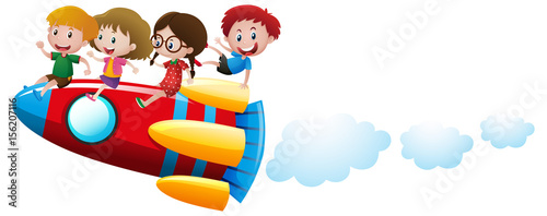 Four kids riding on rocket