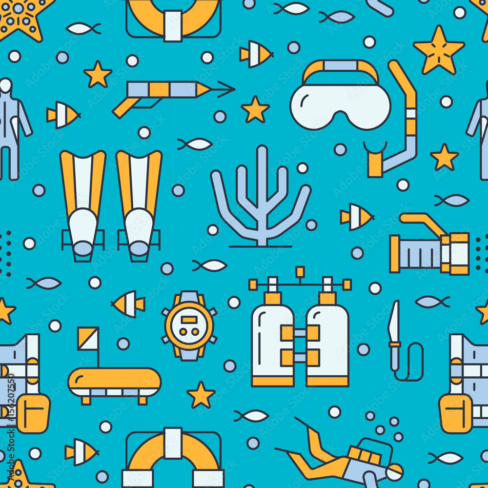 Scuba diving, snorkeling seamless pattern, water sport vector blue ...