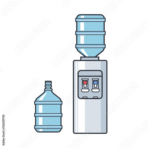 Line plastic water cooler with blue full bottle. Flat illustration on white background