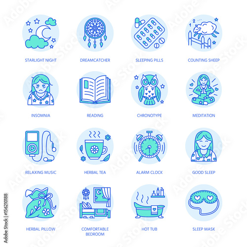 Modern vector line icon of insomnia problem and healthy sleep. Clock, pillow, pills, dream catcher, counting sheep. Linear pictogram with editable stroke for sites, medical brochure.
