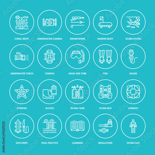 Scuba diving, snorkeling line icons. Spearfishing equipment - mask tube, flippers, swim suit, diver. Water sport, summer activity thin linear signs.