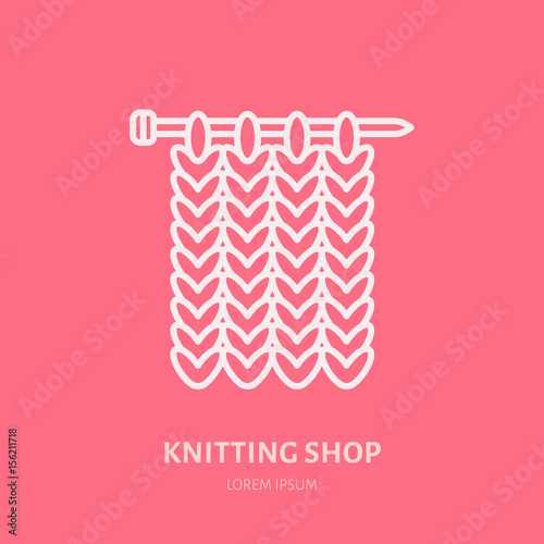 Knit shop line logo. Yarn store flat sign, illustration of knitting needles with yarn pattern.
