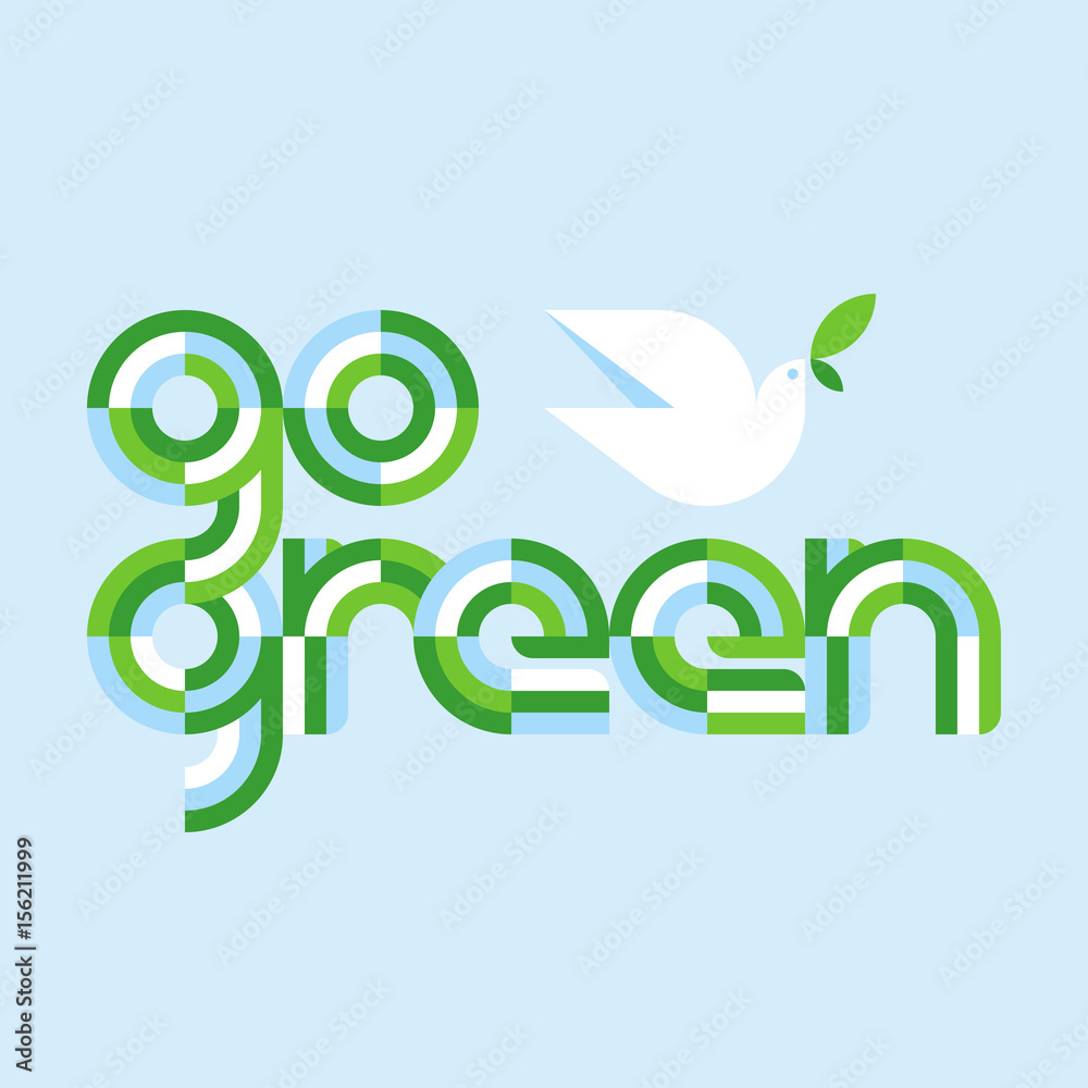 Earth day concept with go green lettering and white peace dove with olive branch Earth day concept with go green lettering and white peace dove with olive branch
