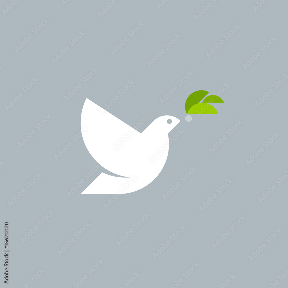 Geometric style vector logo template or icon of white dove with olive branch on gray background Geometric style vector logo template or icon of white dove with olive branch on gray background
