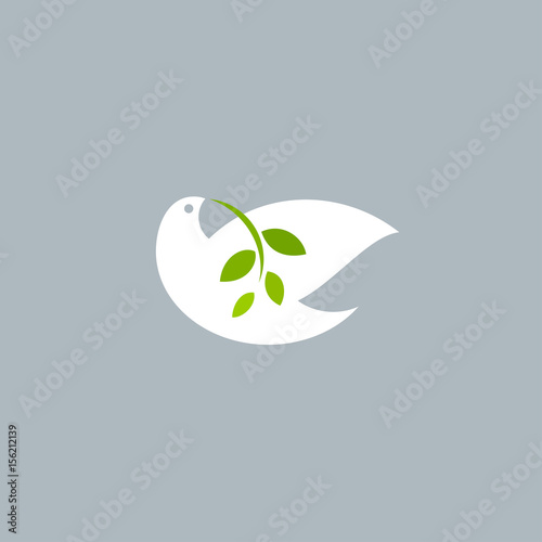 Peace dove with olive branch on gray background. Vector logo mark template or icon