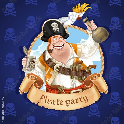 Drunken pirate with parrot sitting on a hat. Banner for Pirate p