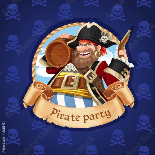 Old pirate with a keg of rum and pistol. Banner for Pirate party