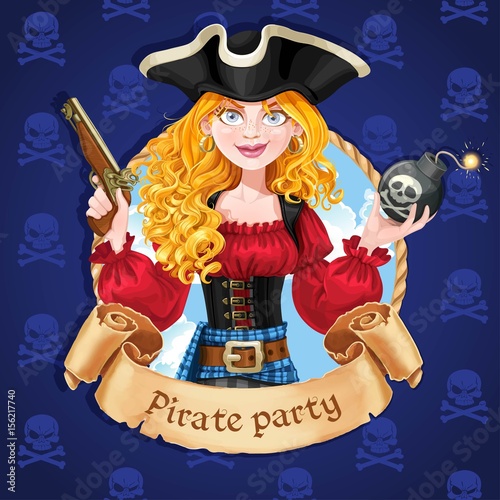 Beautiful female pirate with bomb. Banner for Pirate party
