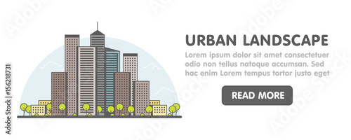 Line Art of Modern Big City Background with Skyscrapers and trees. Trendy linear style Vector Illustration web banner