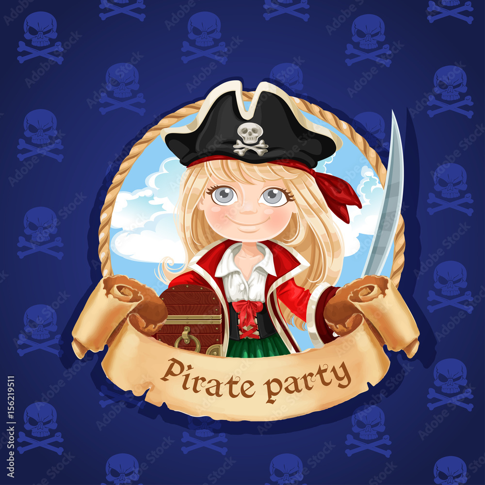 Cute little girl pirate with treasure chest. Banner for Pirate p