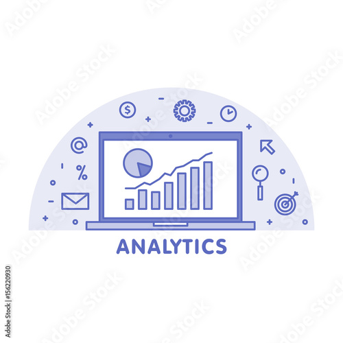 Online analytics concept line illustration. Laptop with web page graphic diagram screen and linear icon vector