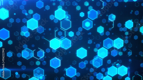 Abstract technological background with blue luminous hexagons.