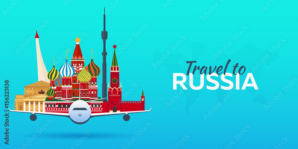 Travel to Russia. Airplane with Attractions. Travel vector banners. Flat style.