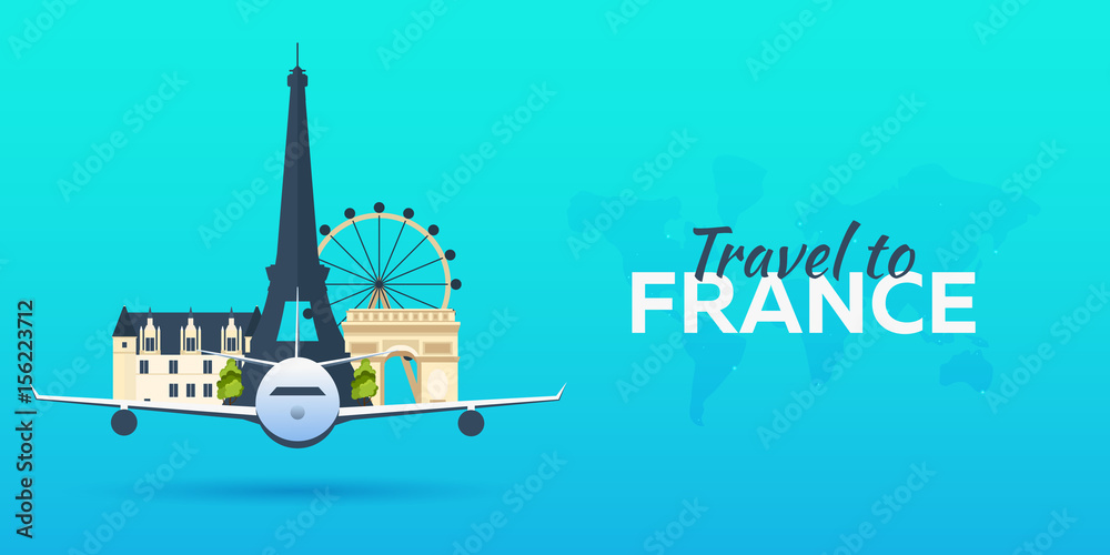 Travel to France. Airplane with Attractions. Travel vector banners. Flat style.